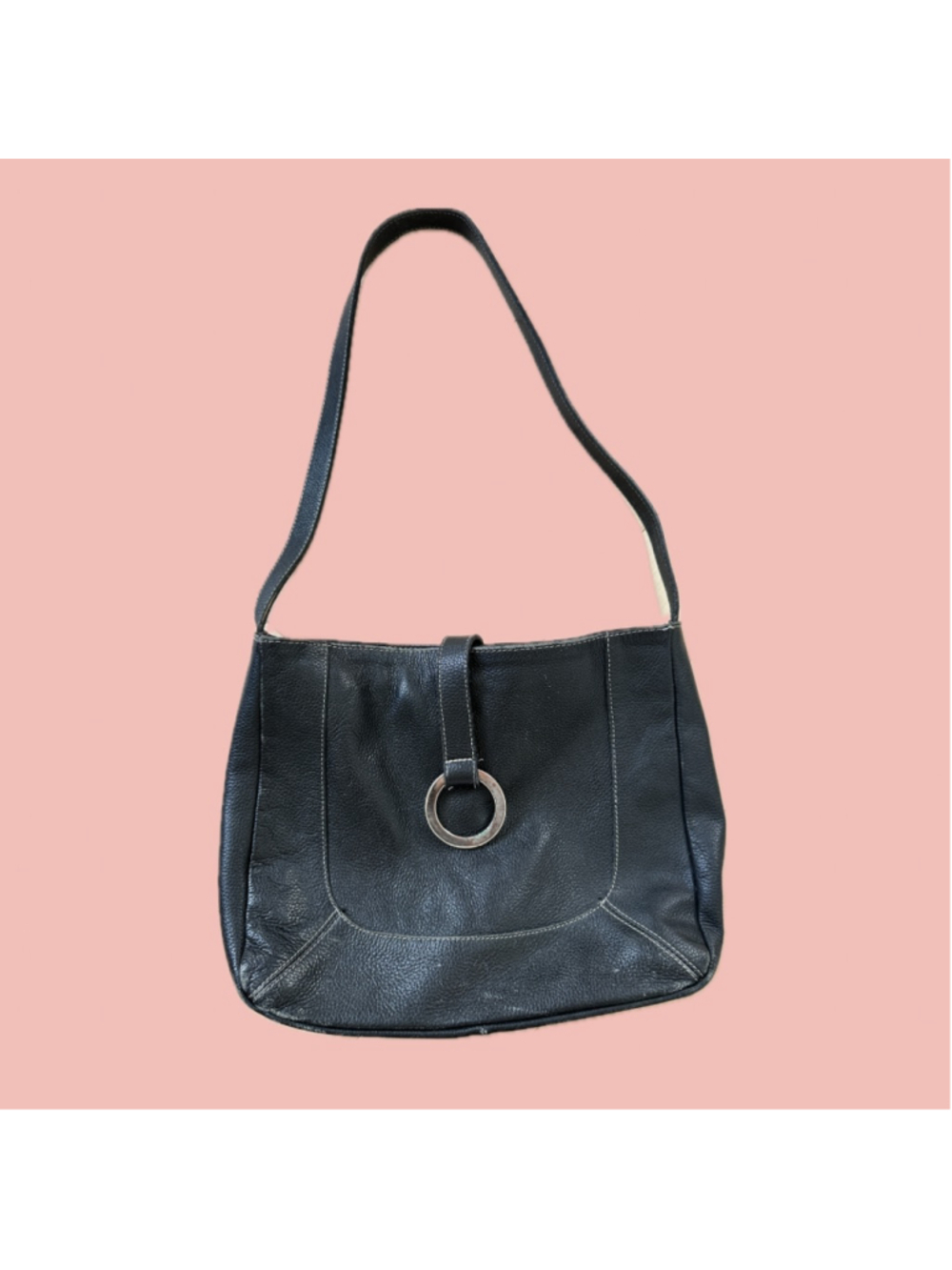 Vintage Black Leather Shoulder Bag Y2K Minimalist Ring Detail Purse